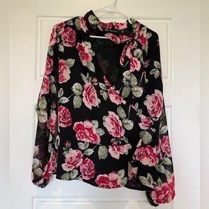 New York and Company Black Floral Neck Tie Ruffle Blouse.  Size Large